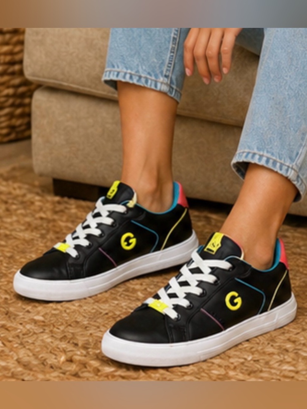 -G by GUESS GGomera Lace-Up Sneakers Women Black Multi Logo Casual Shoes Sz 6.5